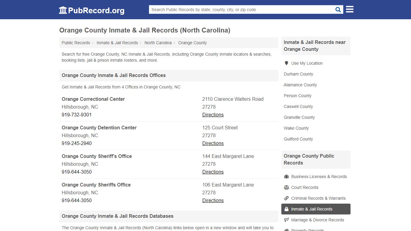 Free Orange County Inmate & Jail Records (North Carolina ...